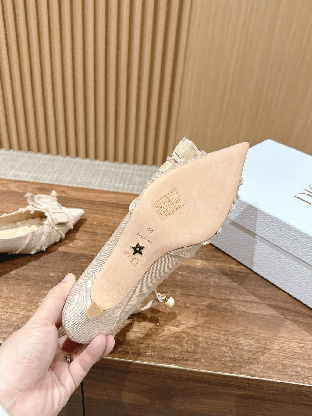 DIOR AABLE HIGH HEEL 25S IN LIGHT BEIGE FABRIC WITH PEARL DETAILING