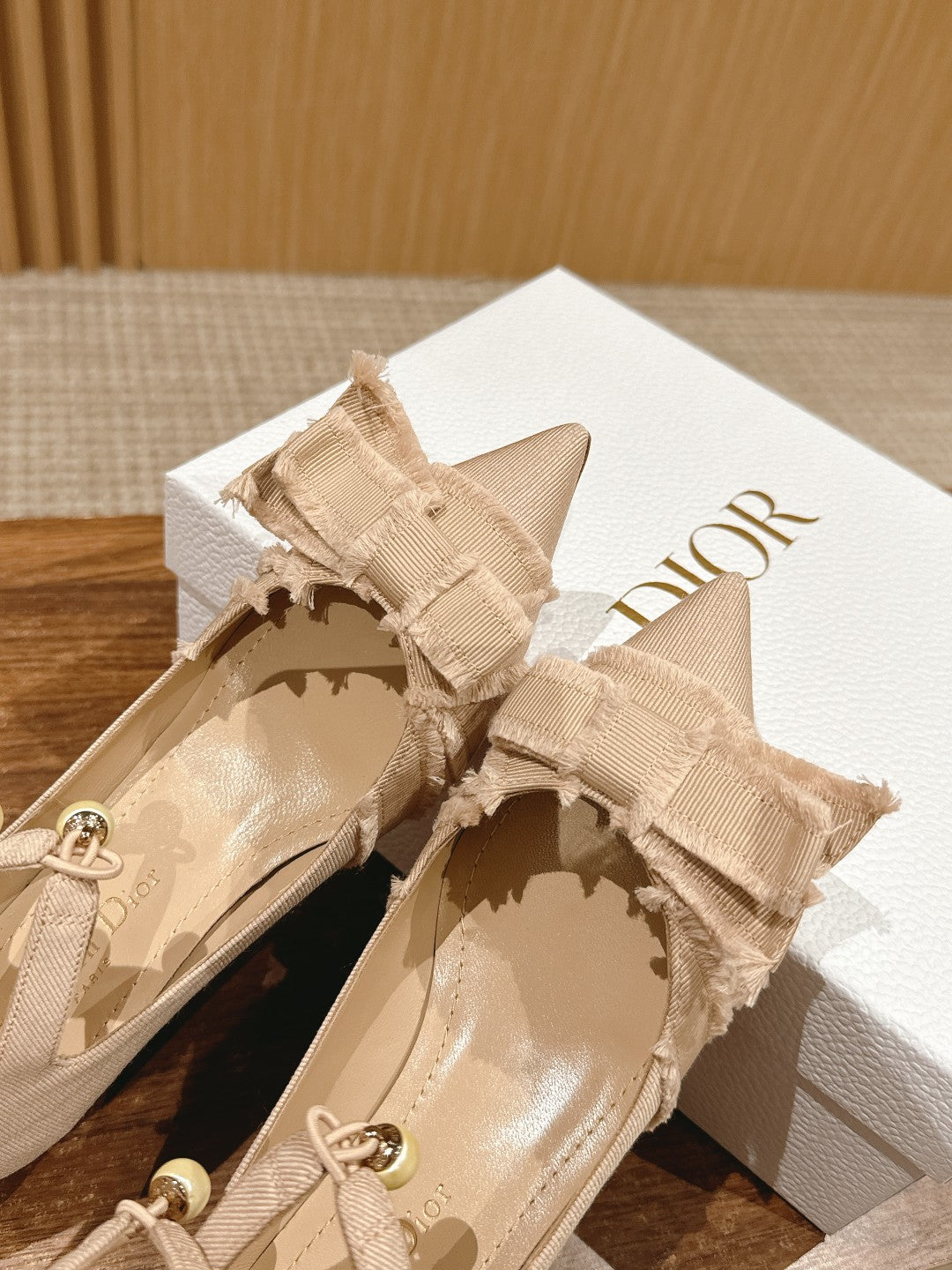 DIOR AABLE HIGH HEEL 25S IN LIGHT BEIGE FABRIC WITH PEARL DETAILING