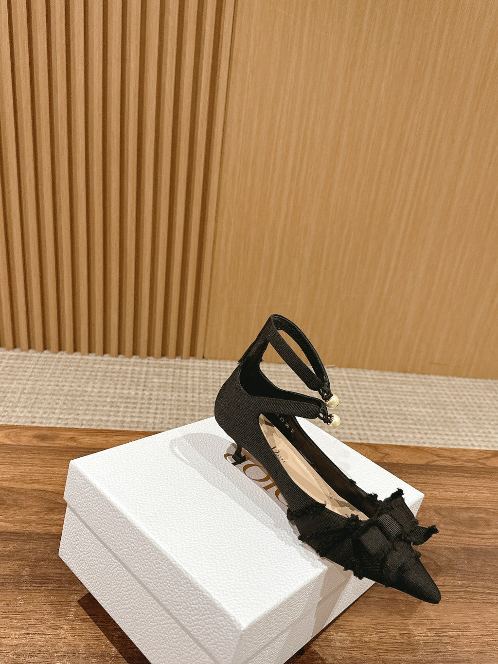 DIOR AABLE HIGH HEEL 25S IN BLACK FABRIC WITH PEARL DETAILING