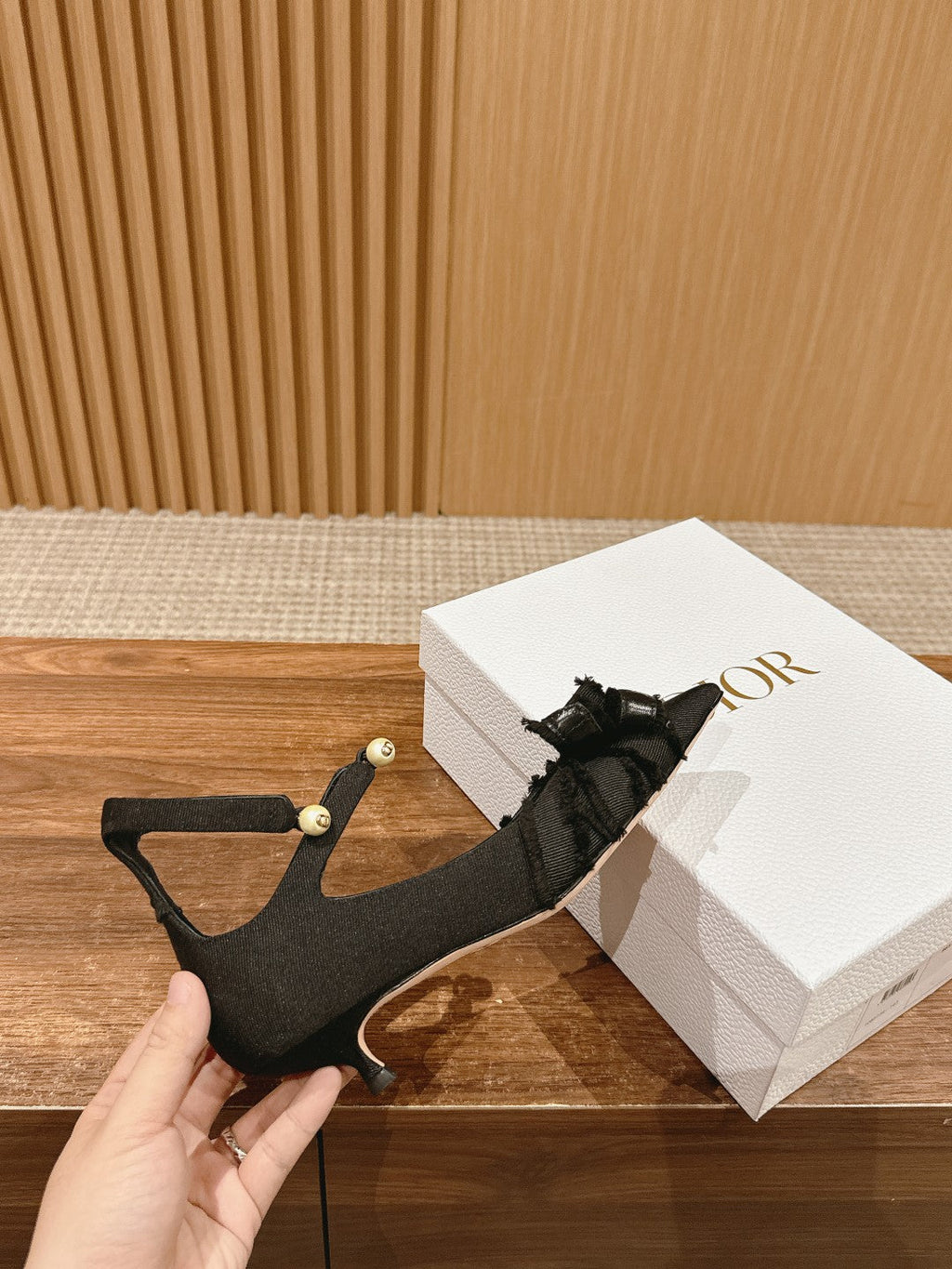 DIOR AABLE HIGH HEEL 25S IN BLACK FABRIC WITH PEARL DETAILING