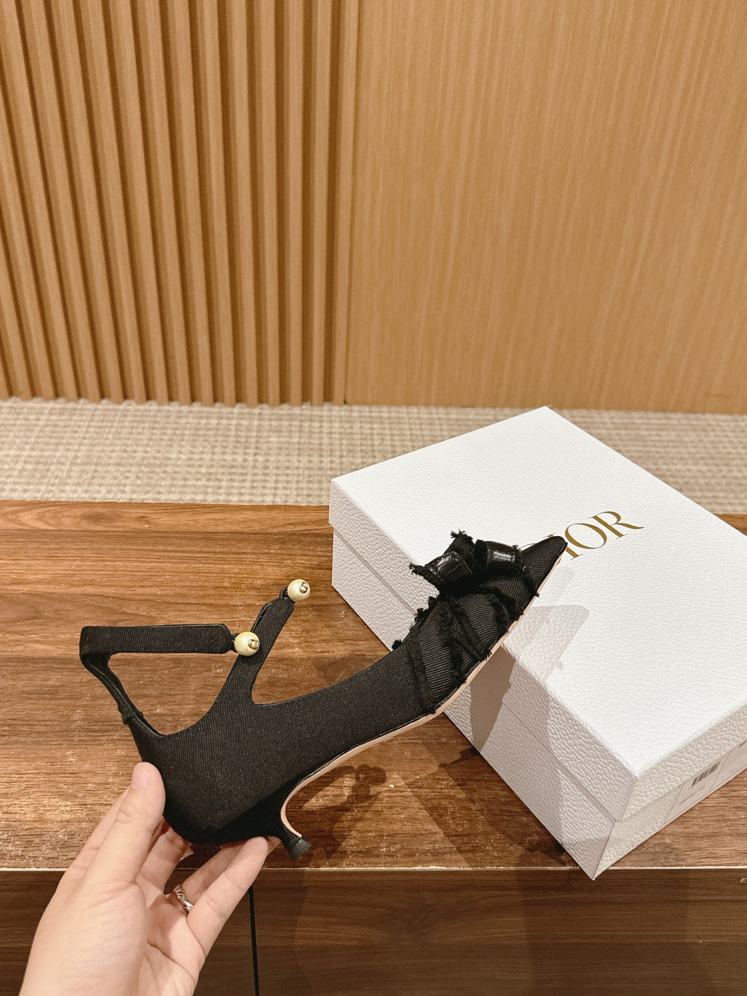 DIOR AABLE HIGH HEEL 25S IN BLACK FABRIC WITH PEARL DETAILING