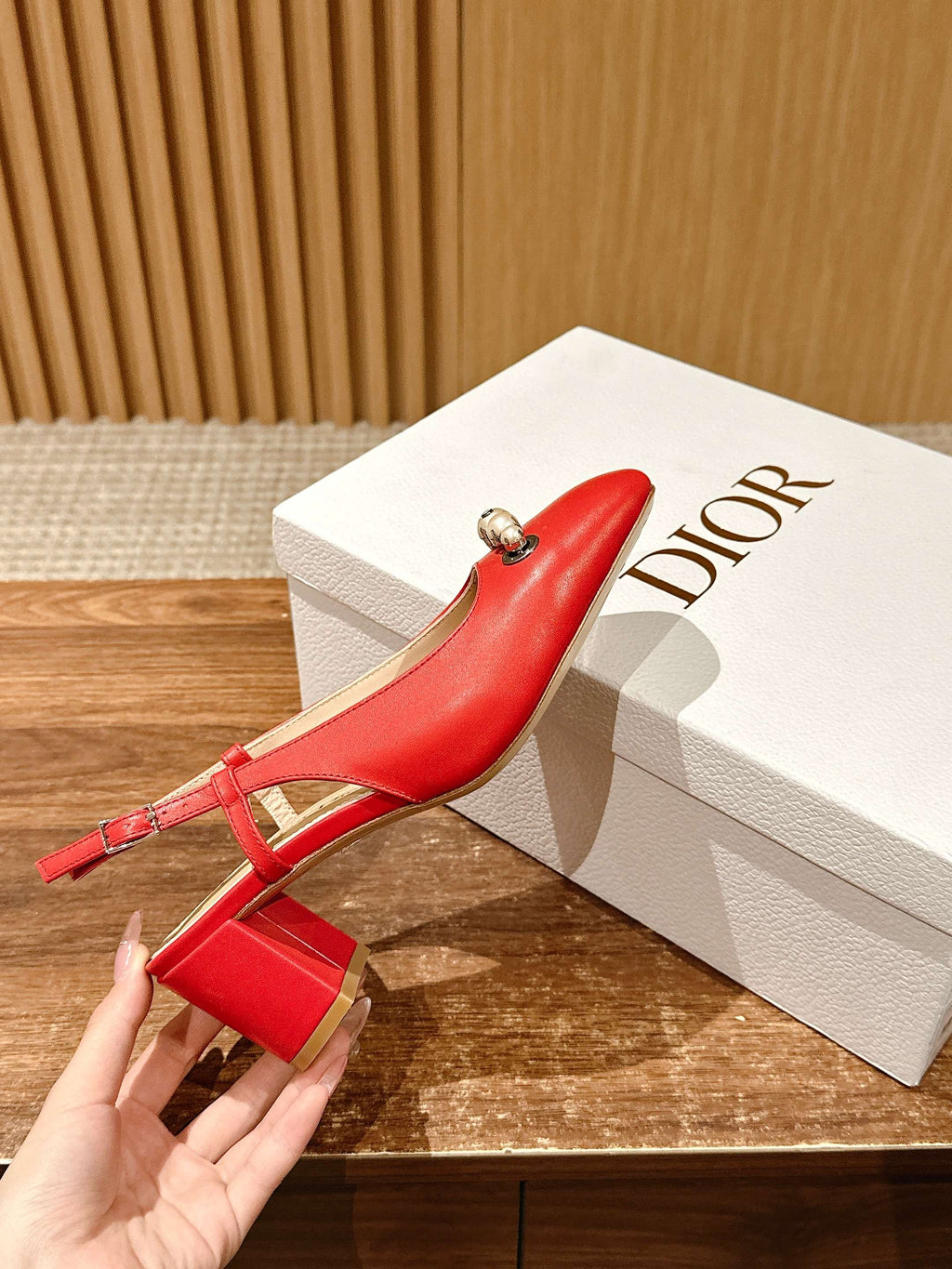 DIOR HIGH SLINGBACK 55 MM 25S IN RED LAMBSKIN PEARL DETAILING