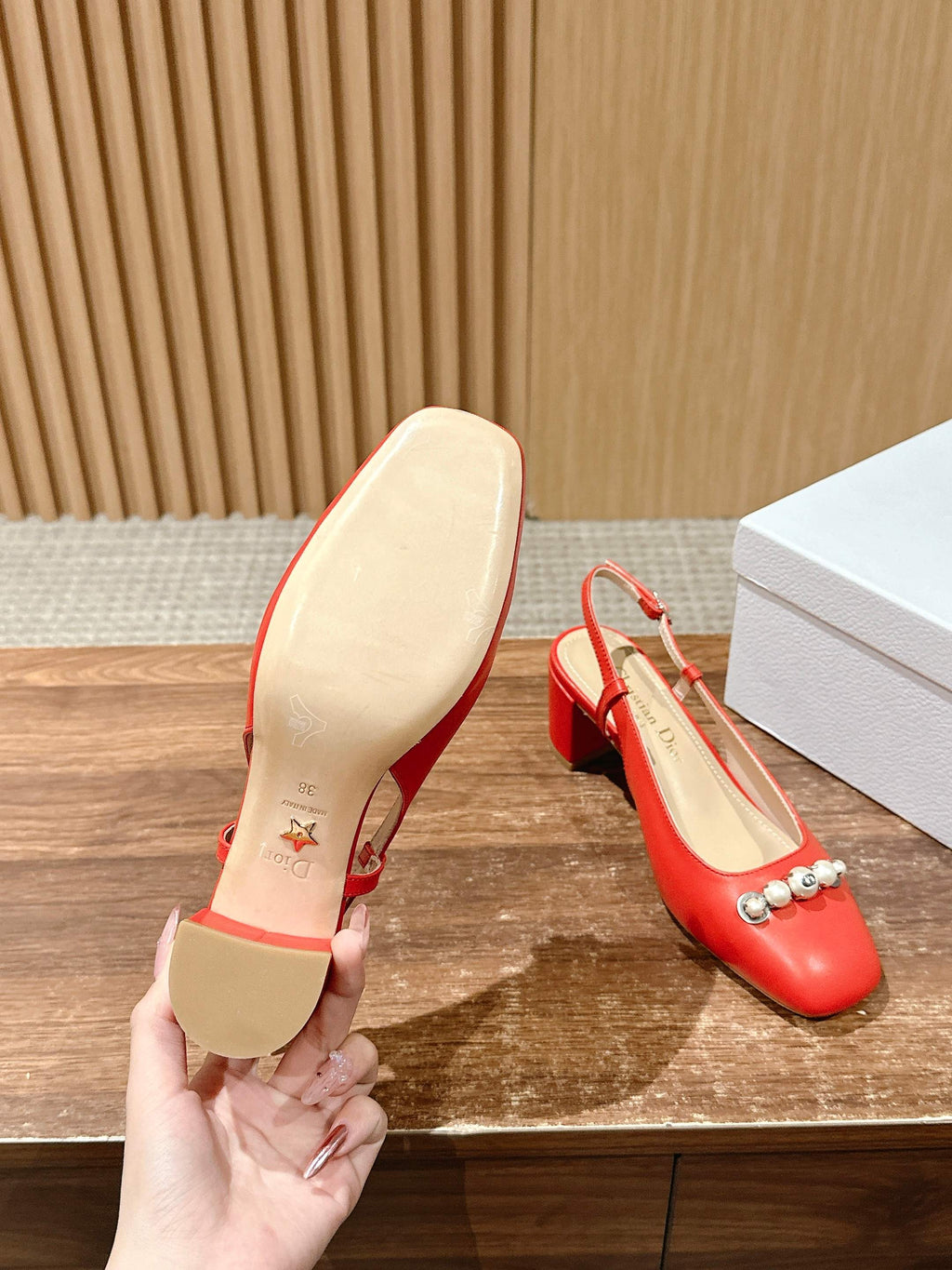 DIOR HIGH SLINGBACK 55 MM 25S IN RED LAMBSKIN PEARL DETAILING