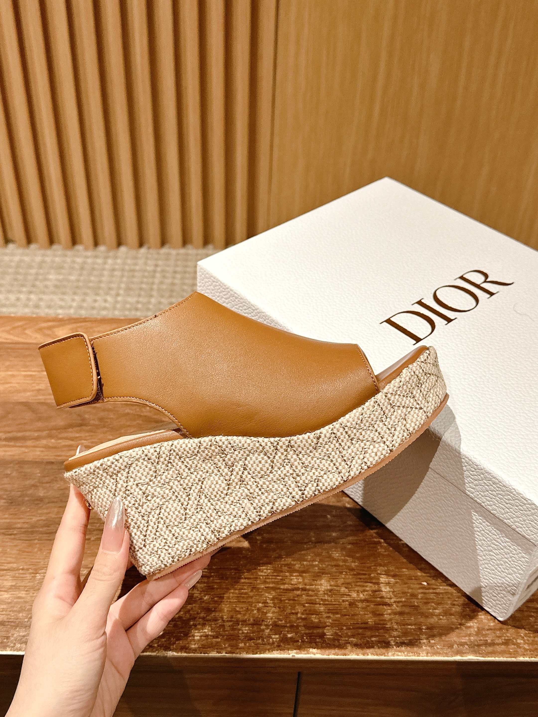 DIOR ATTITUDE WEDGE HIGH SLINGBACK 90MM IN BROWN CALFSKIN CANVAS SOLE