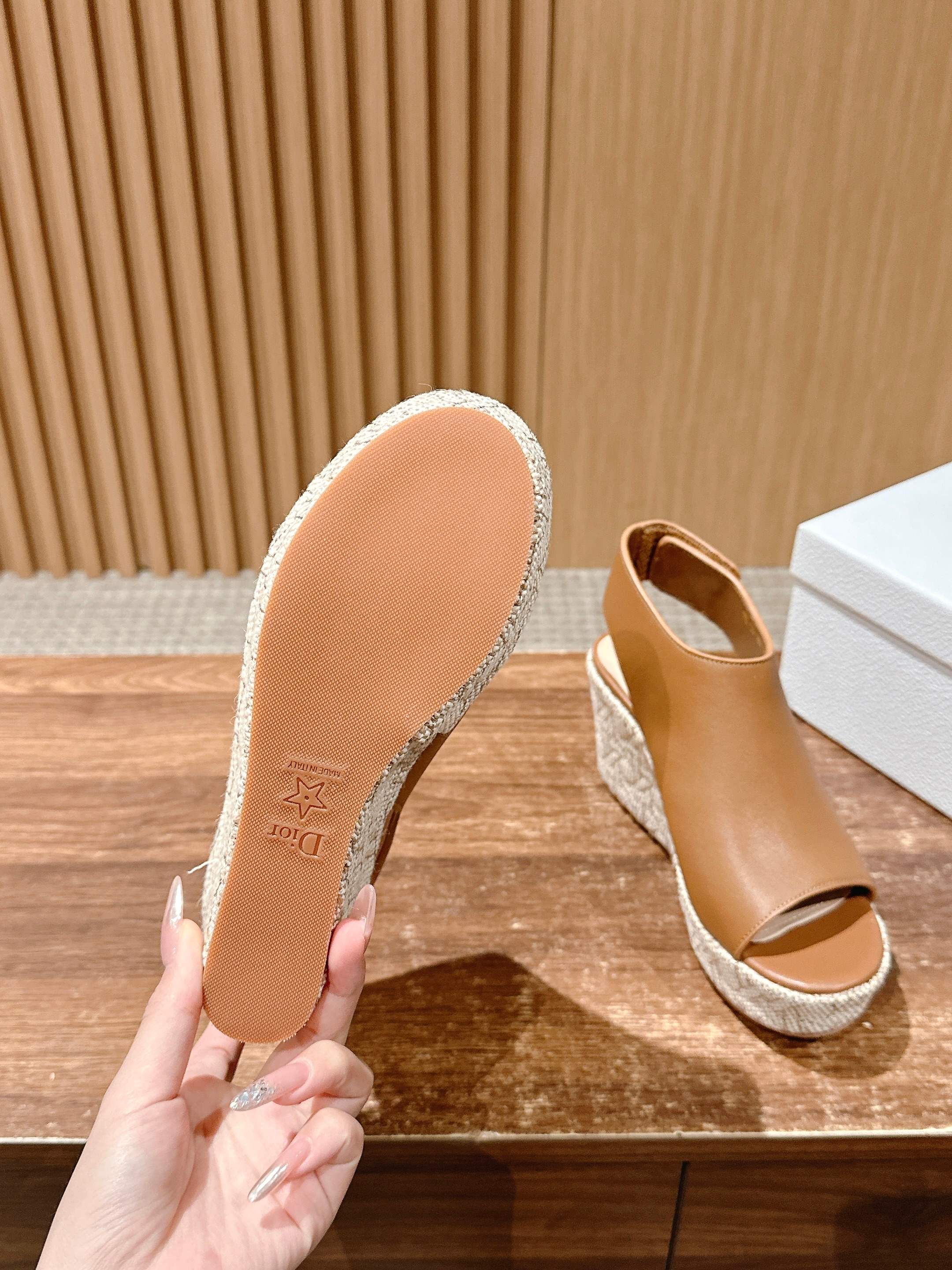 DIOR ATTITUDE WEDGE HIGH SLINGBACK 90MM IN BROWN CALFSKIN CANVAS SOLE