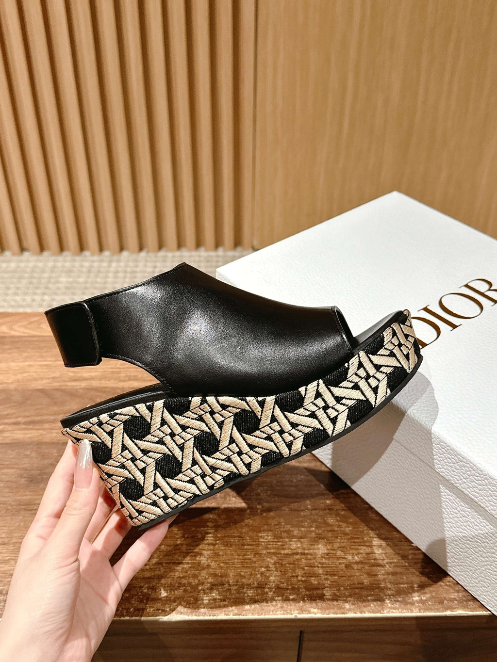 DIOR ATTITUDE WEDGE HIGH SLINGBACK 90MM IN BLACK CALFSKIN CANVAS SOLE