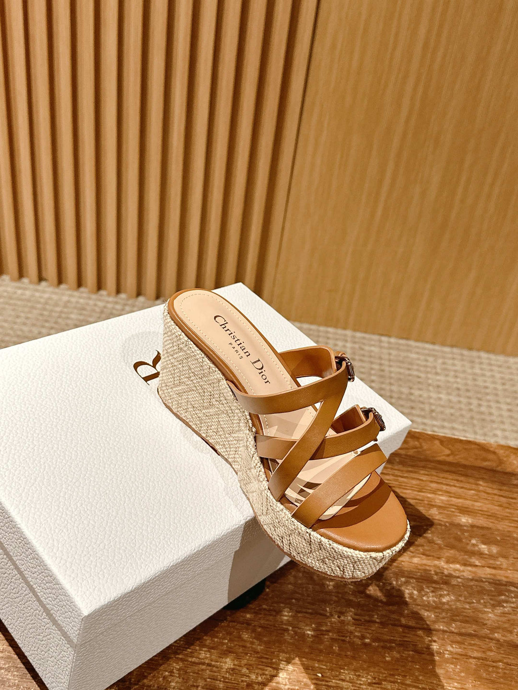 DIOR ATTITUDE WEDGE SLIDE 90MM IN BROWN ADJUSTABLE STRAPS CALFSKIN CANVAS SOLE