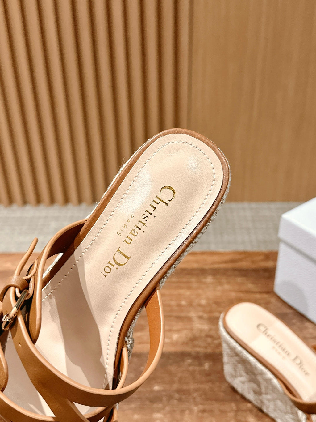 DIOR ATTITUDE WEDGE SLIDE 90MM IN BROWN ADJUSTABLE STRAPS CALFSKIN CANVAS SOLE