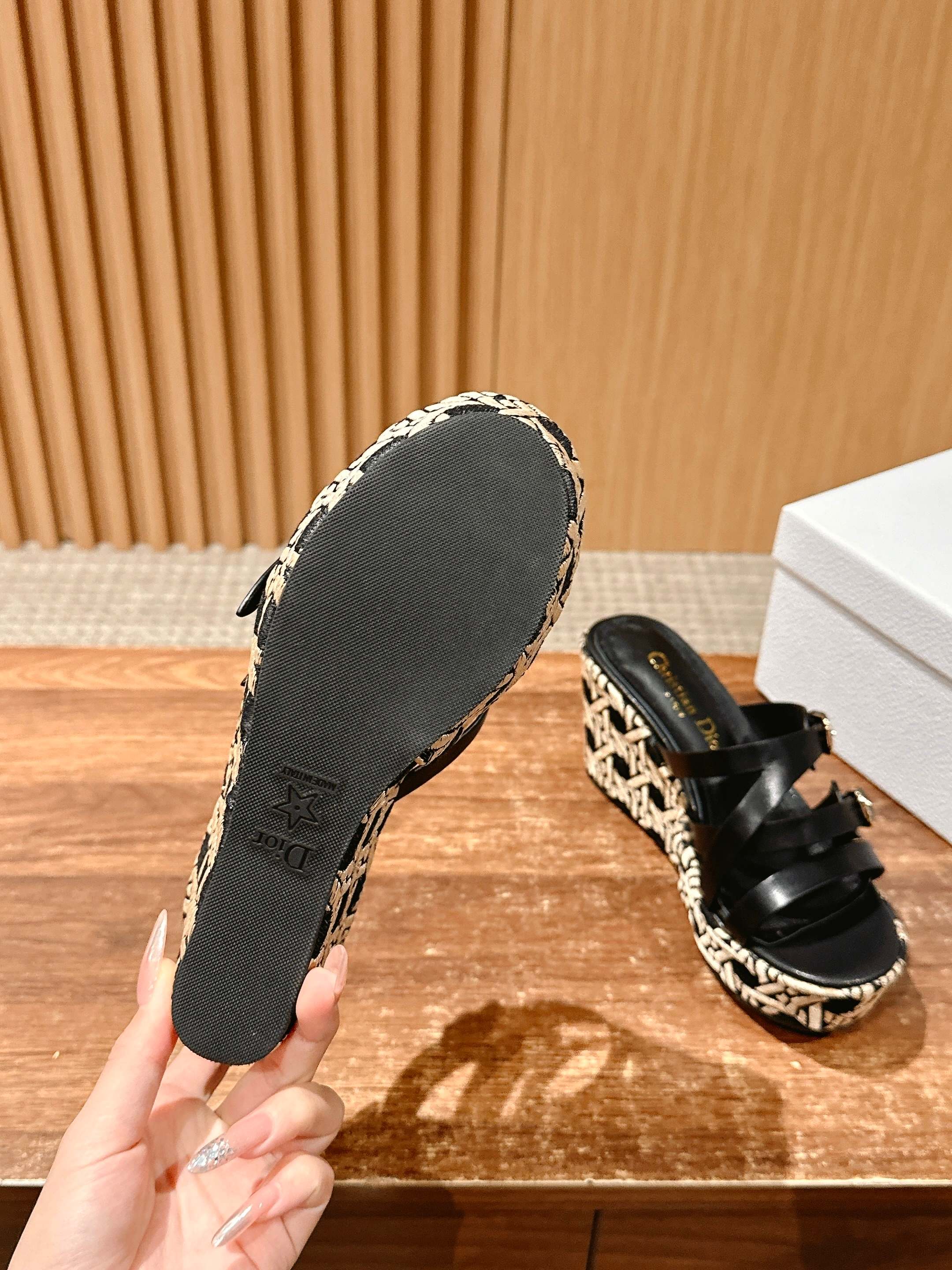 DIOR ATTITUDE WEDGE SLIDE 90MM IN BLACK ADJUSTABLE STRAPS CALFSKIN CANVAS SOLE