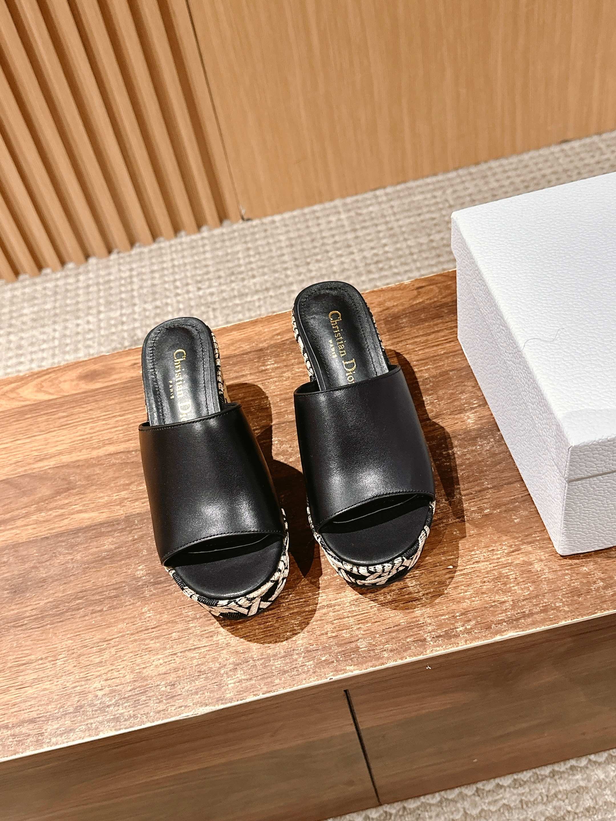 DIOR ATTITUDE WEDGE SLIDE 90MM IN BLACK CALFSKIN CANVAS SOLE