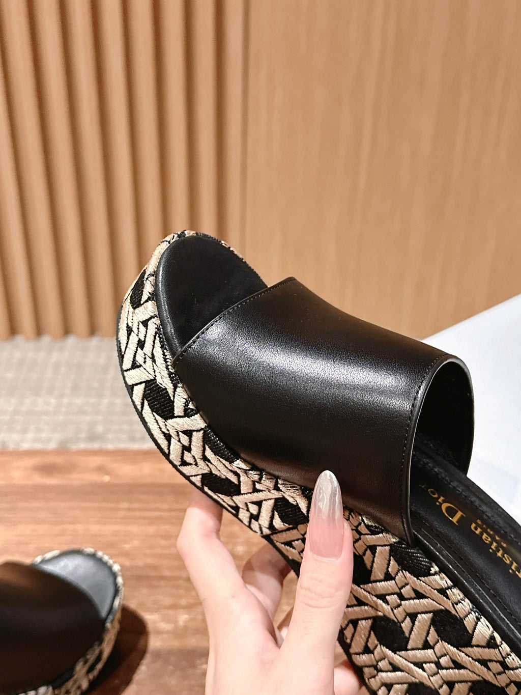 DIOR ATTITUDE WEDGE SLIDE 90MM IN BLACK CALFSKIN CANVAS SOLE