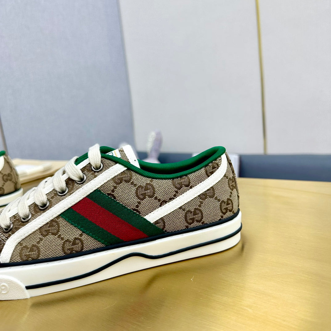 GUCCI TENNIS 1977 TRAINER LIGHT BROWN CANVAS WITH BLACK TRIM