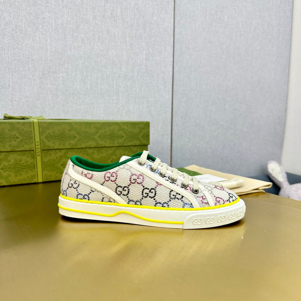 GUCCI TENNIS 1977 TRAINER LIGHT GRAY CANVAS WITH YELLOW TRIM