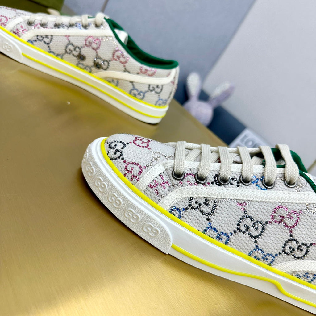 GUCCI TENNIS 1977 TRAINER LIGHT GRAY CANVAS WITH YELLOW TRIM