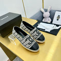 CHANEL ESPADRILLES PLATFORM 25S IN SKY BLACK AND WHITE TWEED MIX CALFSKIN