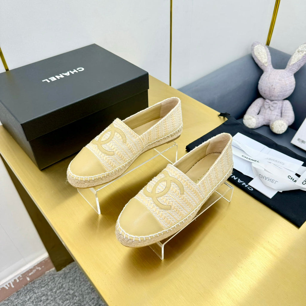 CHANEL ESPADRILLES PLATFORM 25S IN BEIGE YELLOW TWEED MIX CALFSKIN