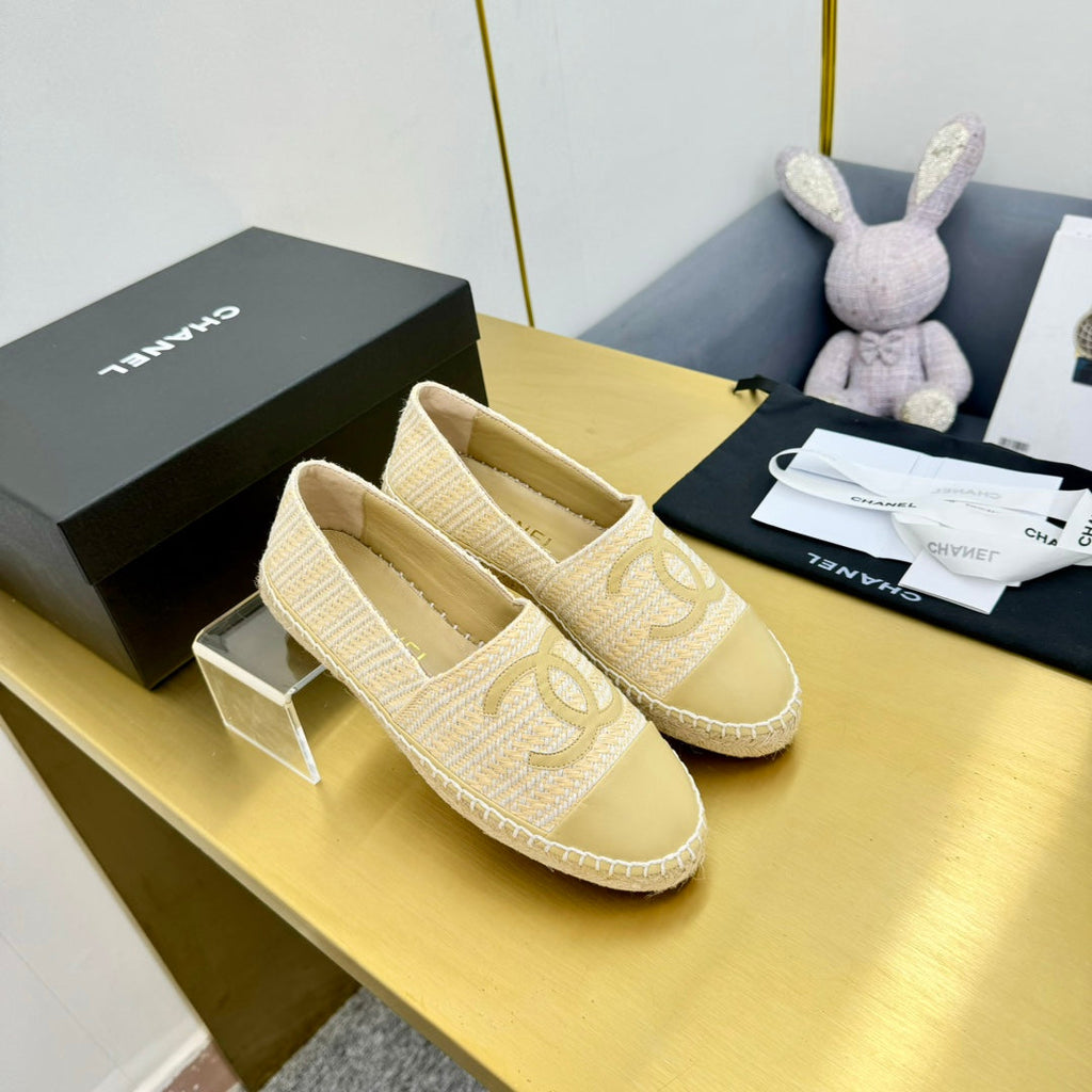 CHANEL ESPADRILLES PLATFORM 25S IN BEIGE YELLOW TWEED MIX CALFSKIN