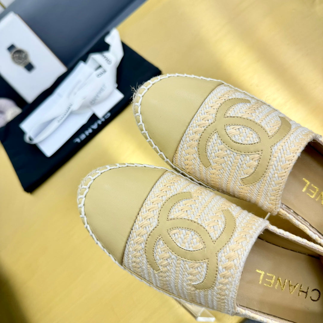 CHANEL ESPADRILLES PLATFORM 25S IN BEIGE YELLOW TWEED MIX CALFSKIN