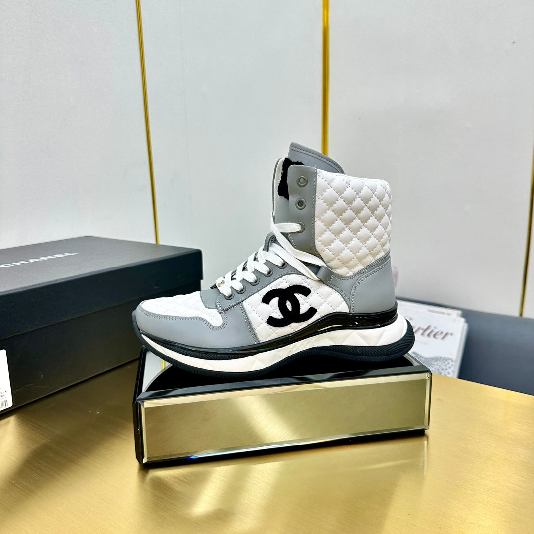 CHANEL ATHLETIC SHOES IN WHITE MIX ASH GRAY CALFSKIN
