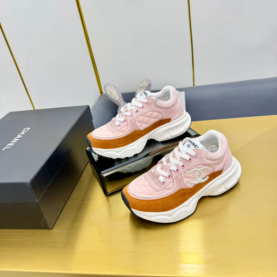 CHANEL DAD SNEAKER IN LIGHT PINK LAMBSKIN AND GINGER ORANGE SUEDE