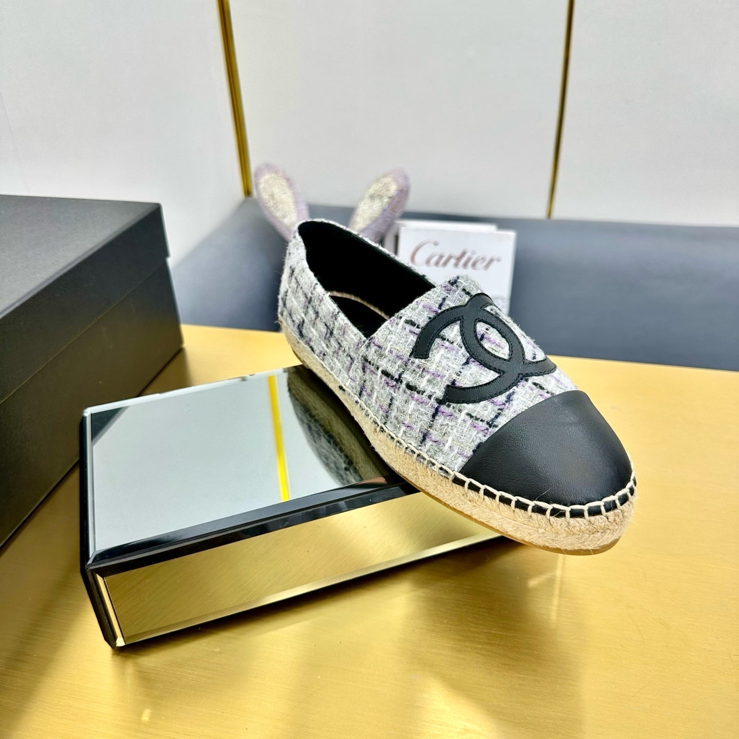 CHANEL ESPADRILLES PLATFORM 25S MIX COLOR TWEED AND BLACK CALFSKIN