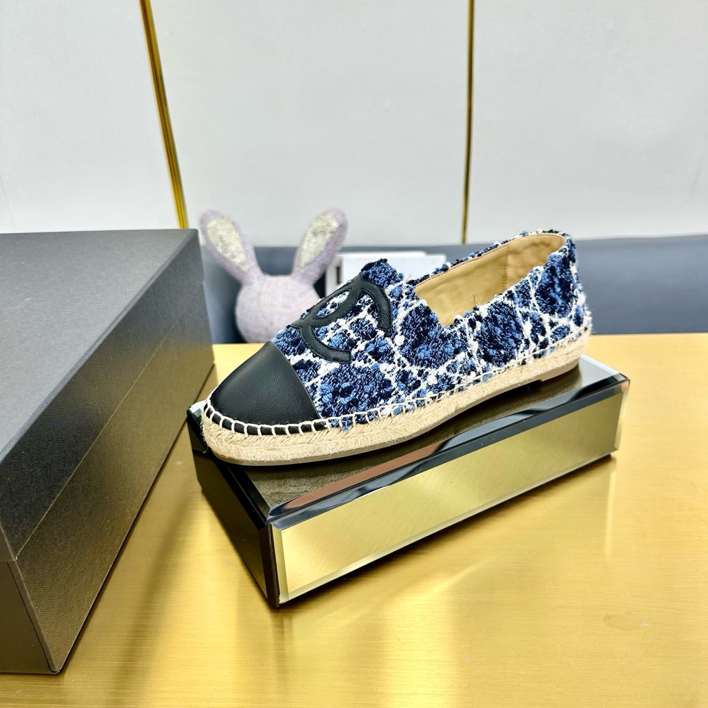 CHANEL ESPADRILLES PLATFORM 25S IN BLUE TWEED MIX BLACK CALFSKIN