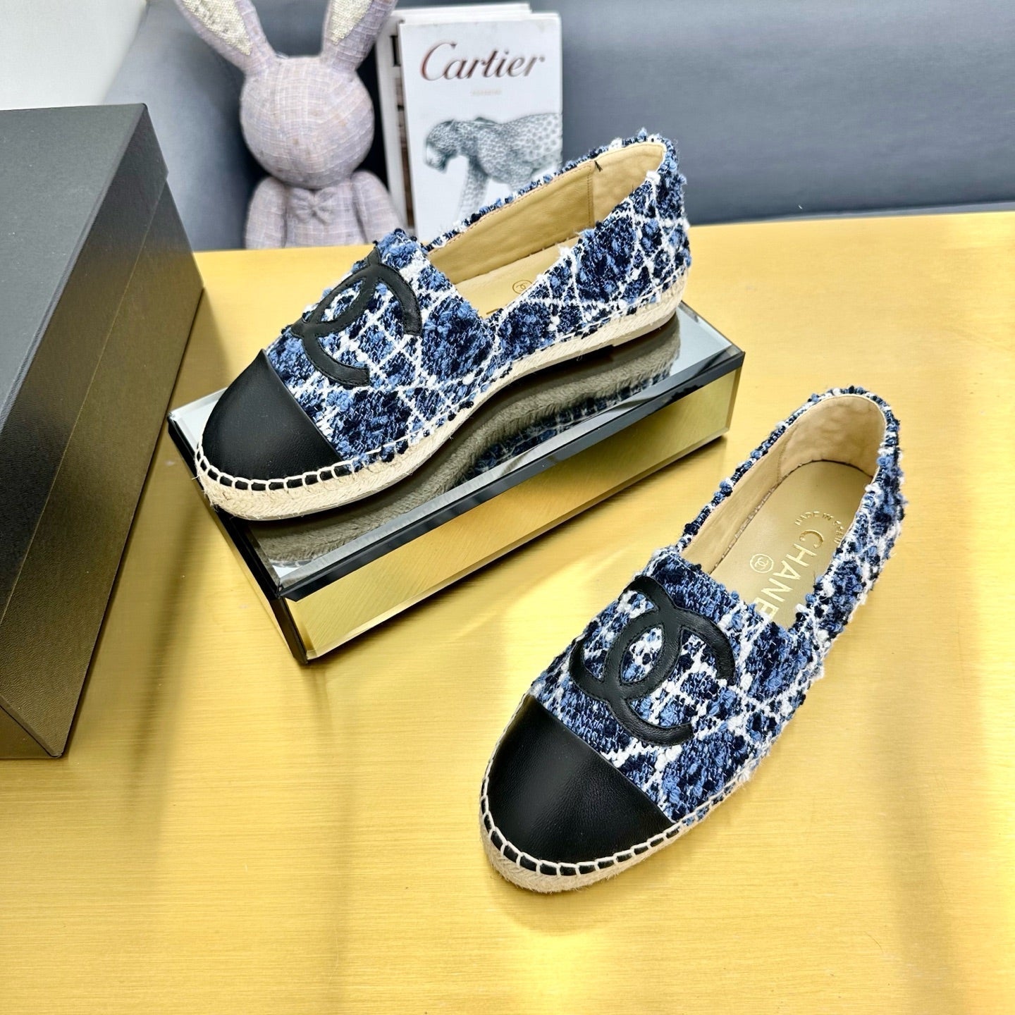 CHANEL ESPADRILLES PLATFORM 25S IN BLUE TWEED MIX BLACK CALFSKIN