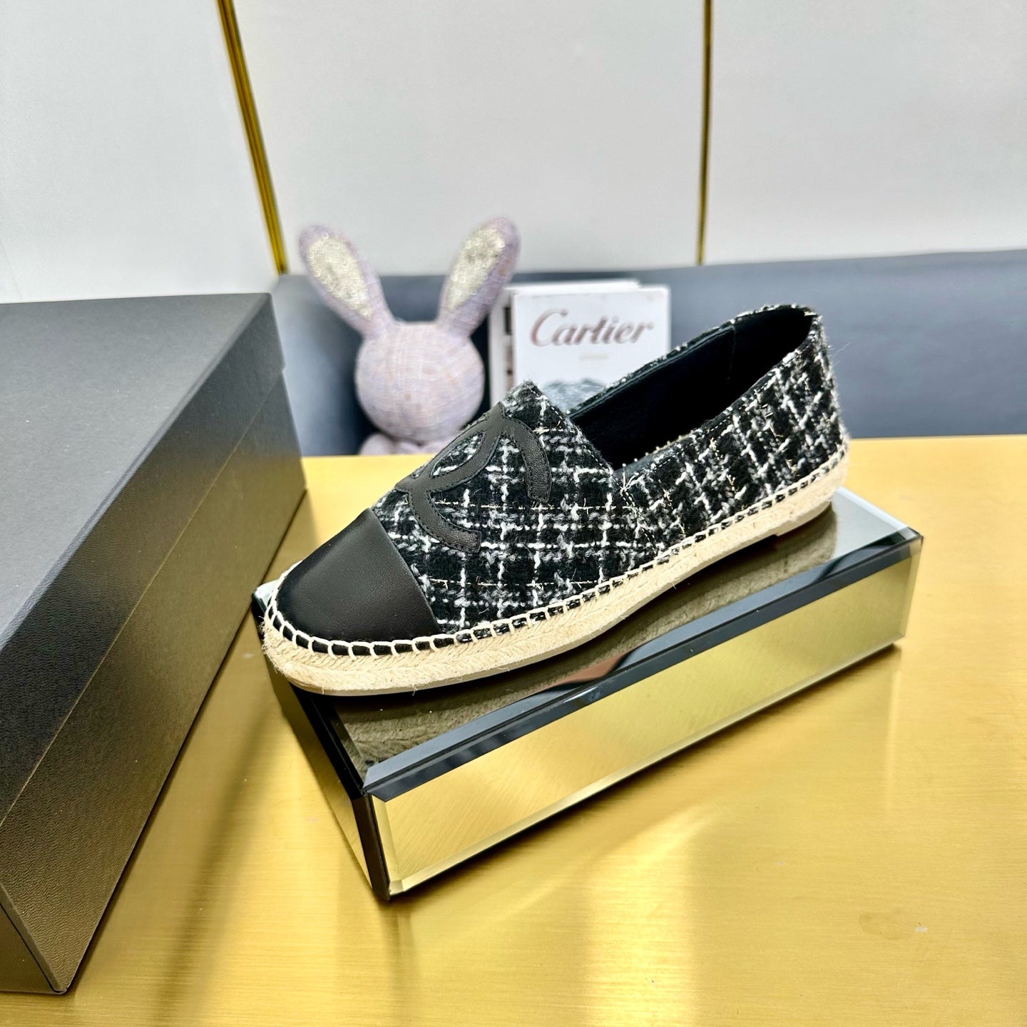 CHANEL ESPADRILLES PLATFORM 25S IN BLACK TWEED AND CALFSKIN