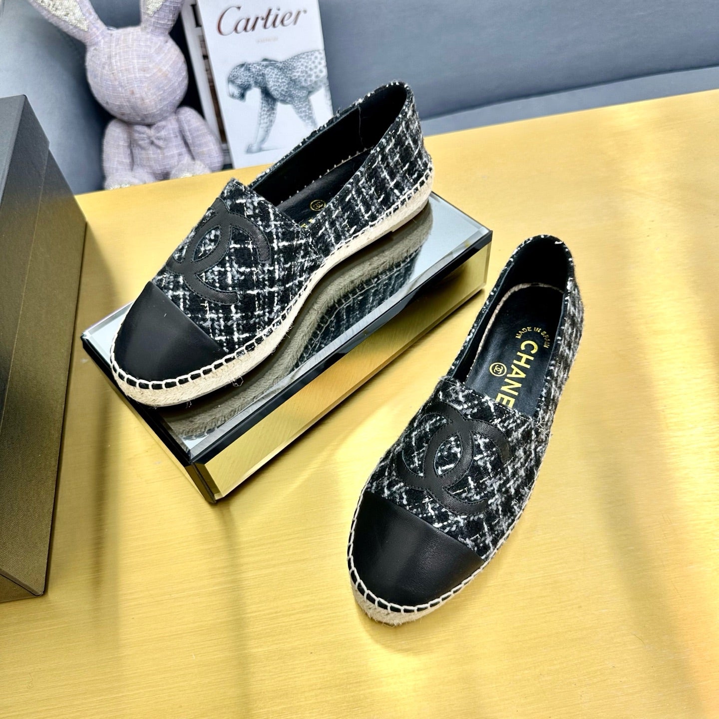 CHANEL ESPADRILLES PLATFORM 25S IN BLACK TWEED AND CALFSKIN