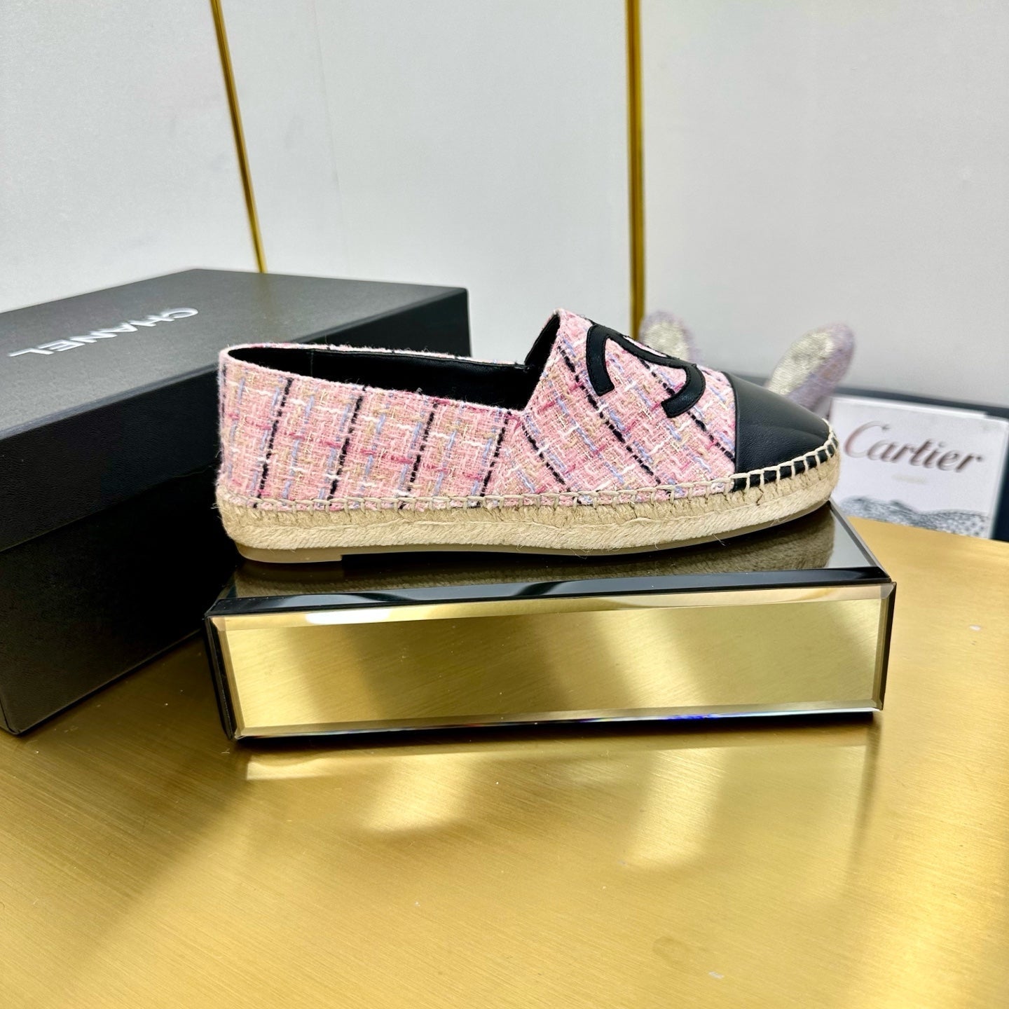 CHANEL ESPADRILLES PLATFORM 25S IN PINK TWEED MIX BLACK CALFSKIN WITH LINED PATTERN
