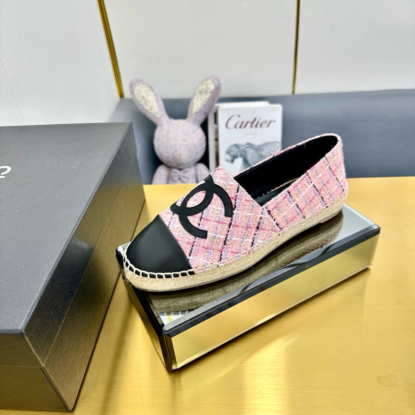 CHANEL ESPADRILLES PLATFORM 25S IN PINK TWEED MIX BLACK CALFSKIN WITH LINED PATTERN