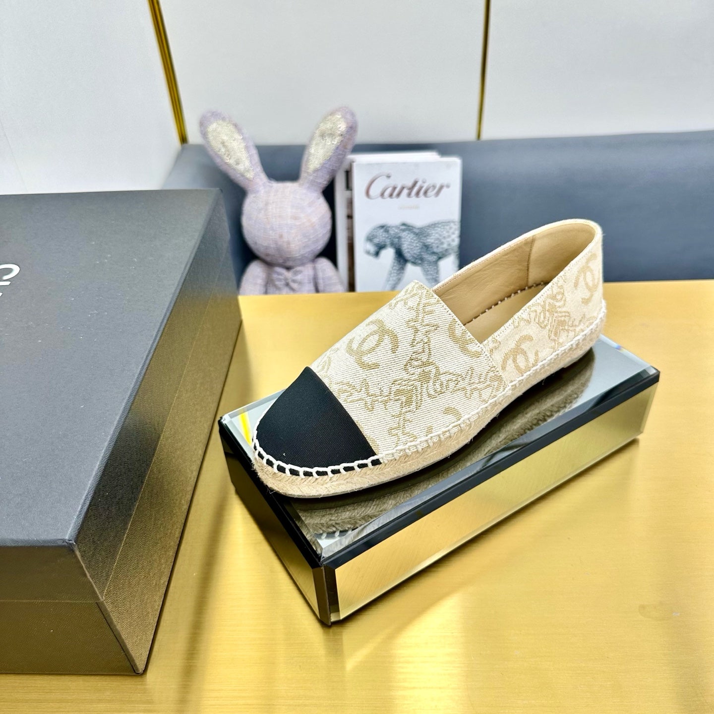 CHANEL ESPADRILLES PLATFORM IN MOSSY BROWN MIX BLACK PATTERN FABRIC