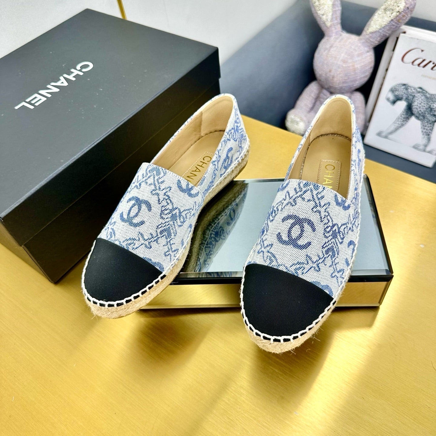 CHANEL ESPADRILLES PLATFORM IN BLUE MIX BLACK FABRIC