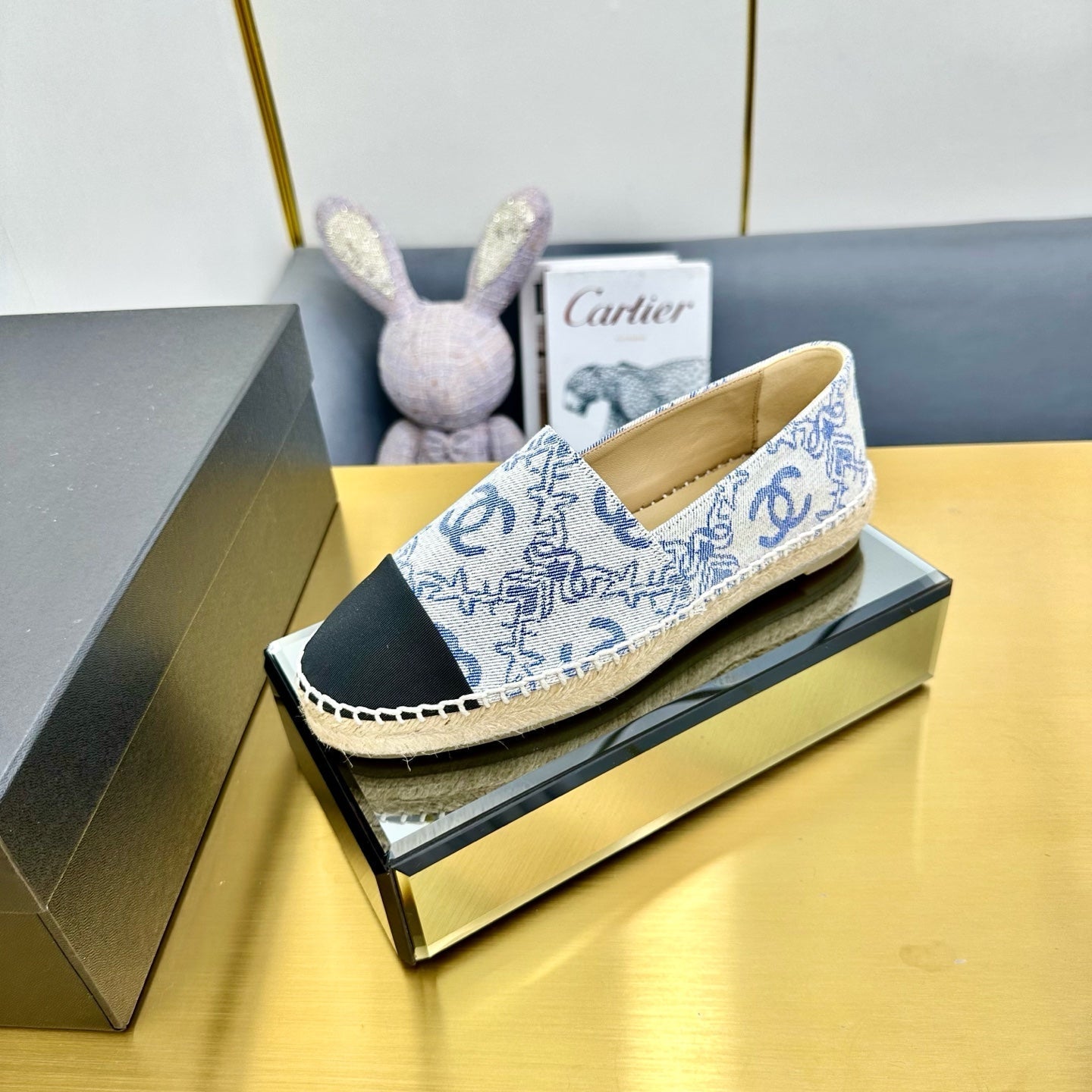 CHANEL ESPADRILLES PLATFORM IN BLUE MIX BLACK FABRIC
