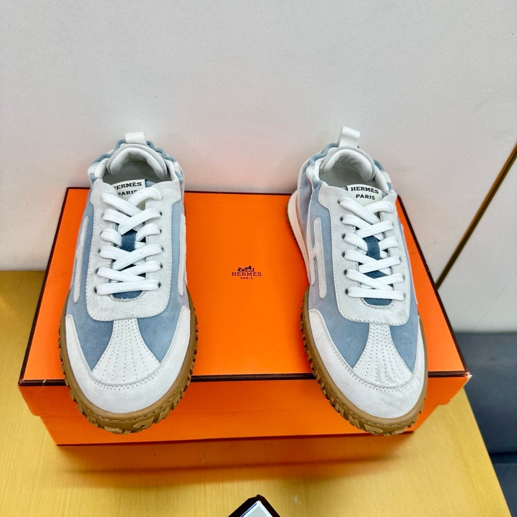 HERMES JET SNEAKER IN PALE GRAY MIX SAPPHIRE BLUE SUEDE