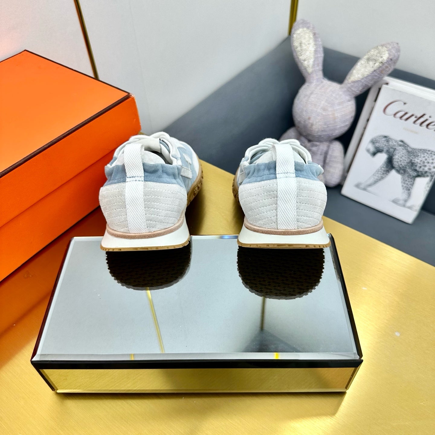 HERMES JET SNEAKER IN PALE GRAY MIX SAPPHIRE BLUE SUEDE