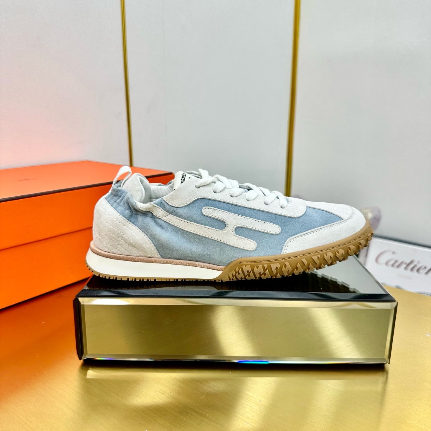 HERMES JET SNEAKER IN PALE GRAY MIX SAPPHIRE BLUE SUEDE