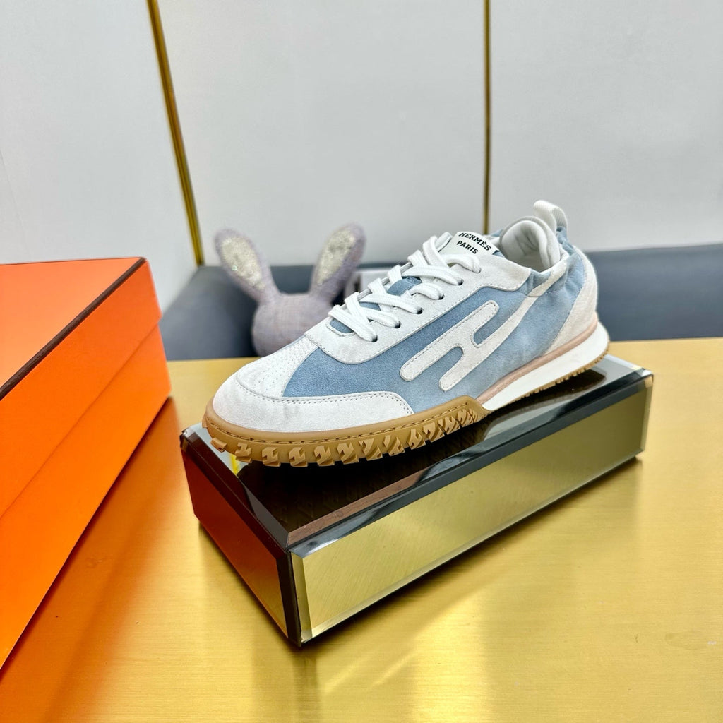 HERMES JET SNEAKER IN PALE GRAY MIX SAPPHIRE BLUE SUEDE