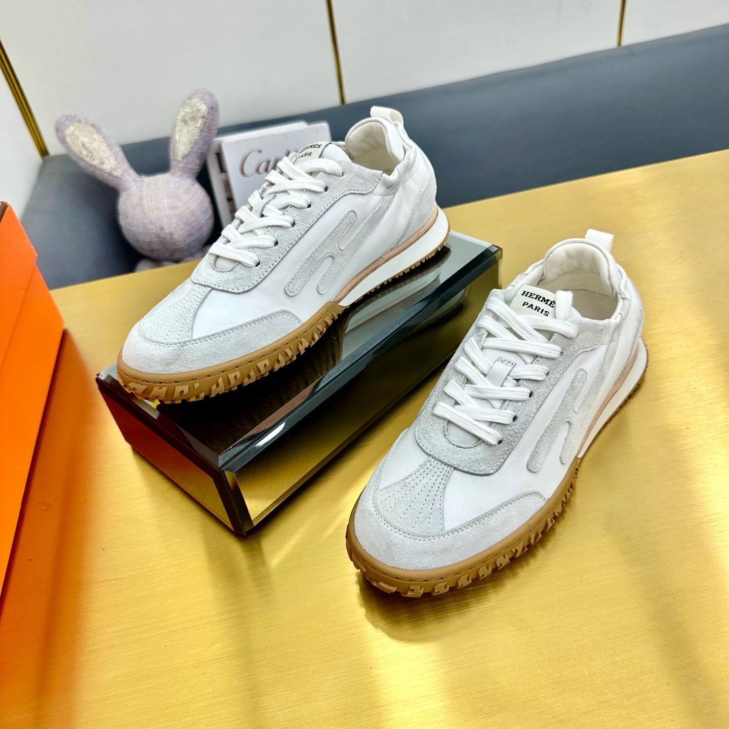 HERMES JET SNEAKER IN PALE GRAY SUEDE MIX WHITE CALFSKIN
