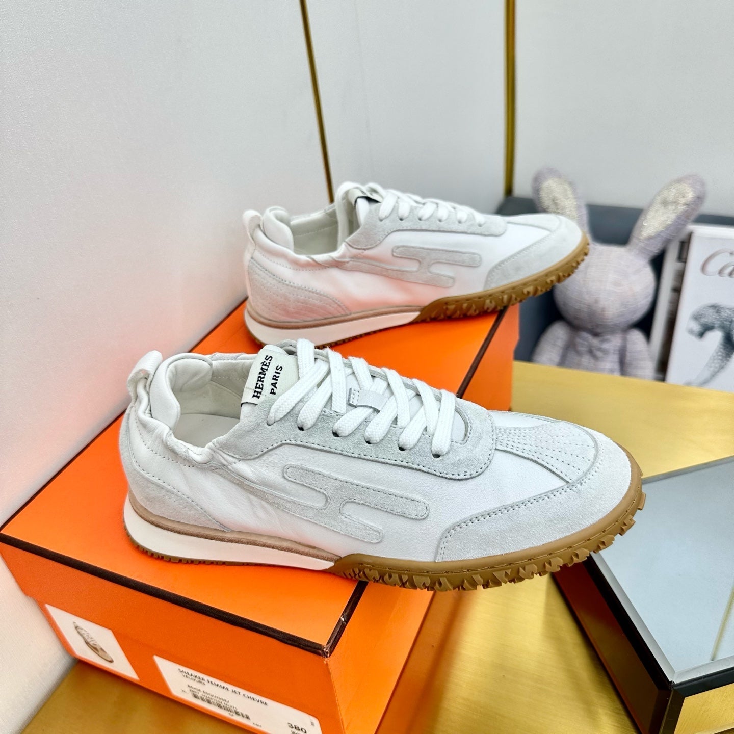 HERMES JET SNEAKER IN PALE GRAY SUEDE MIX WHITE CALFSKIN