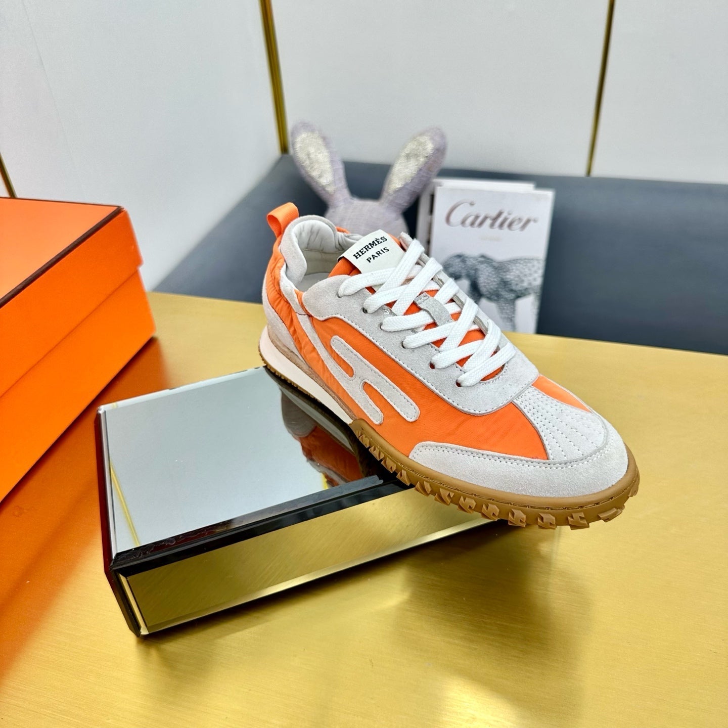 HERMES JET SNEAKER IN PALE GRAY SUEDE MIX ORANGE CALFSKIN