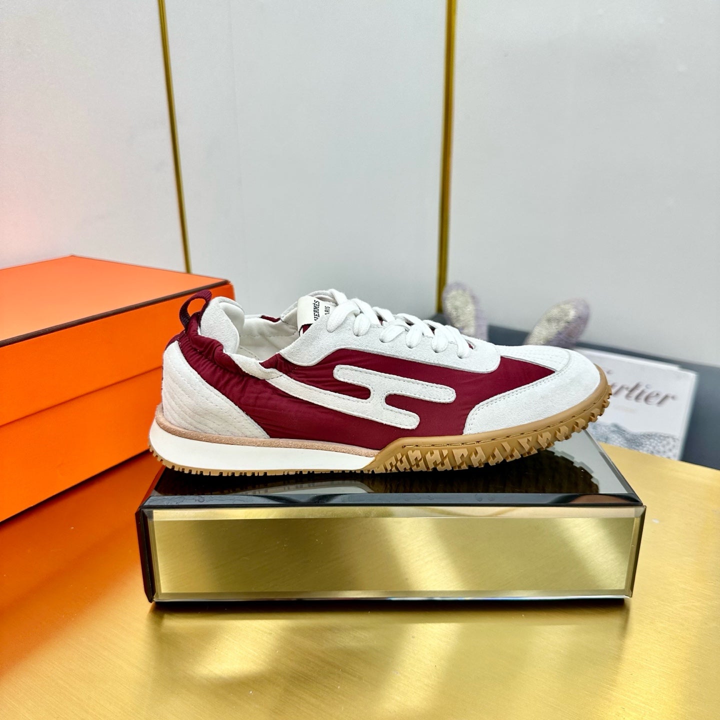 HERMES JET SNEAKER IN WHITE MIX SANGRIA RED SUEDE