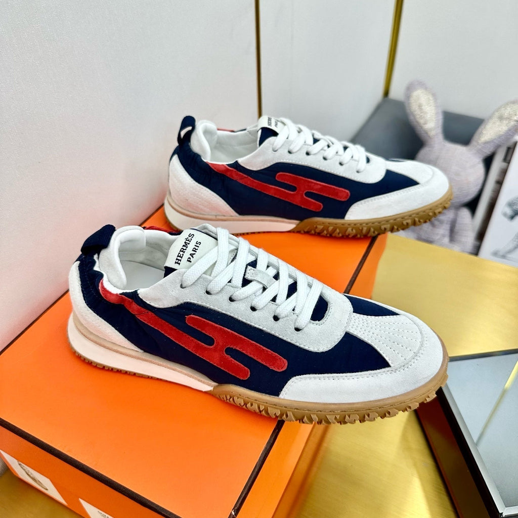 HERMES JET SNEAKER IN WHITE MIX NAVY BLUE SUEDE