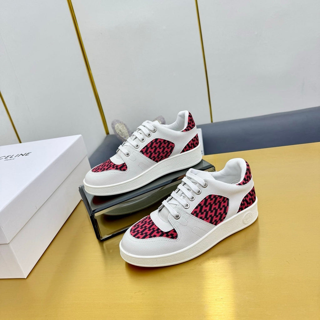 HERMES FREE SNEAKER IN WHITE CALFSKIN AND "H EN BIAIS" RED CANVAS.