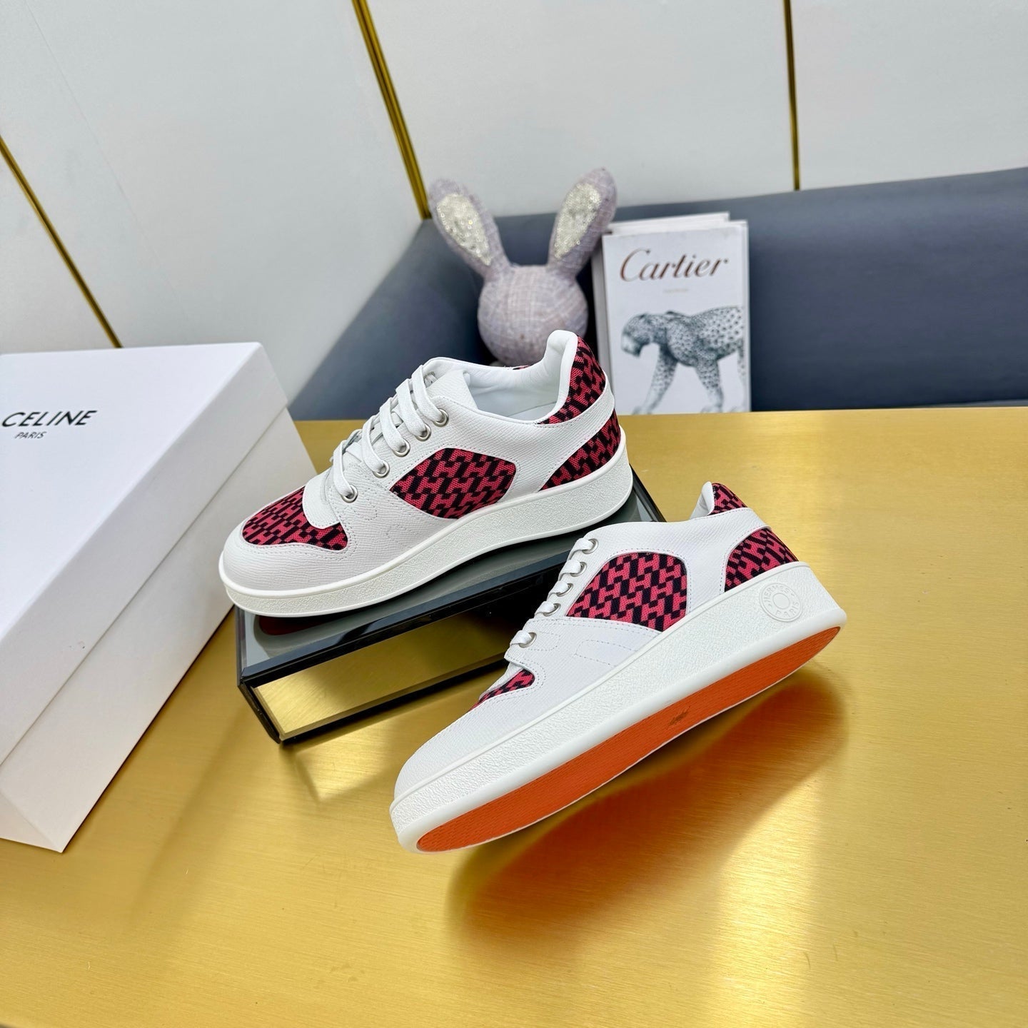 HERMES FREE SNEAKER IN WHITE CALFSKIN AND "H EN BIAIS" RED CANVAS.