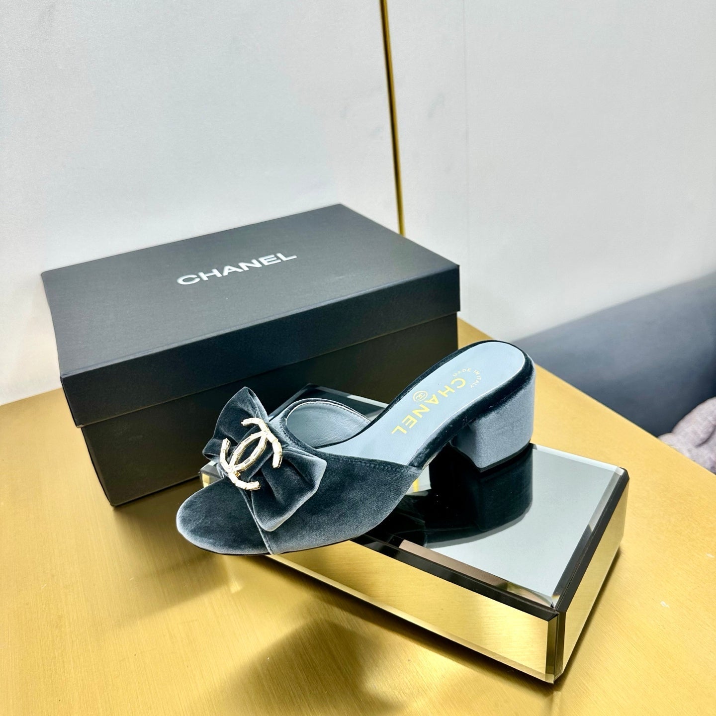 CHANEL BOWKNOT RHINESTONES MID HEEL MULE IN STONE BLUE VELVET