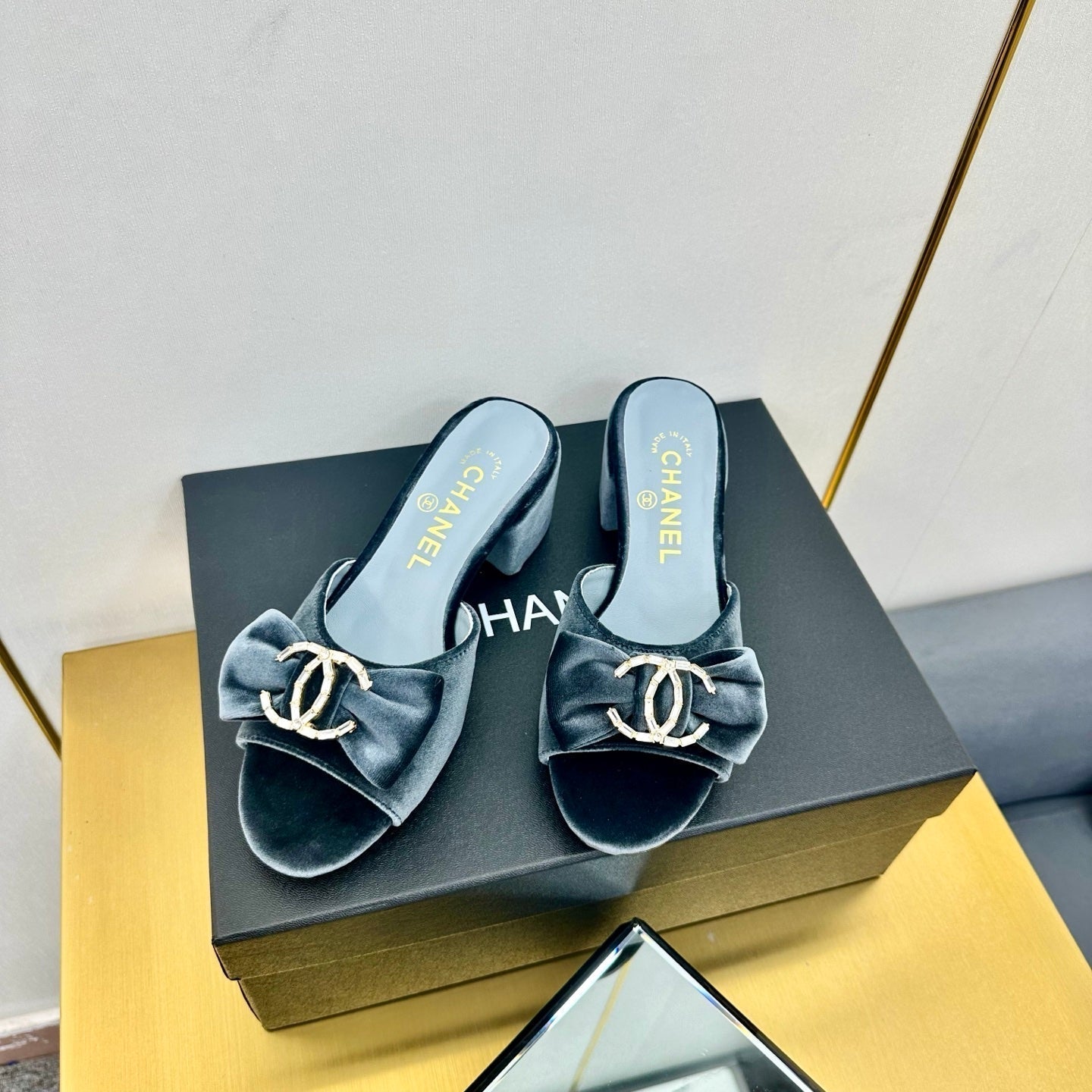 CHANEL BOWKNOT RHINESTONES MID HEEL MULE IN STONE BLUE VELVET