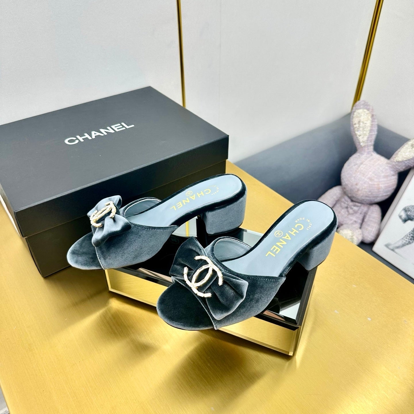CHANEL BOWKNOT RHINESTONES MID HEEL MULE IN STONE BLUE VELVET