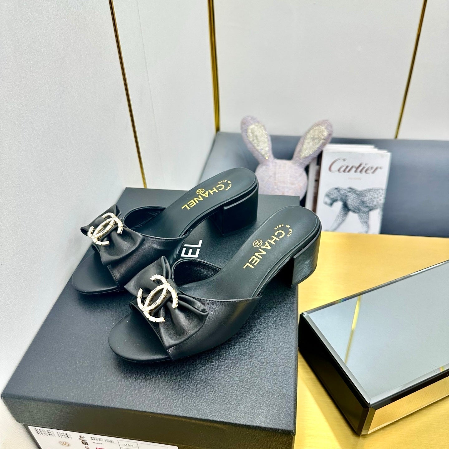CHANEL BOWKNOT RHINESTONES MID HEEL MULE IN BLACK CALFSKIN