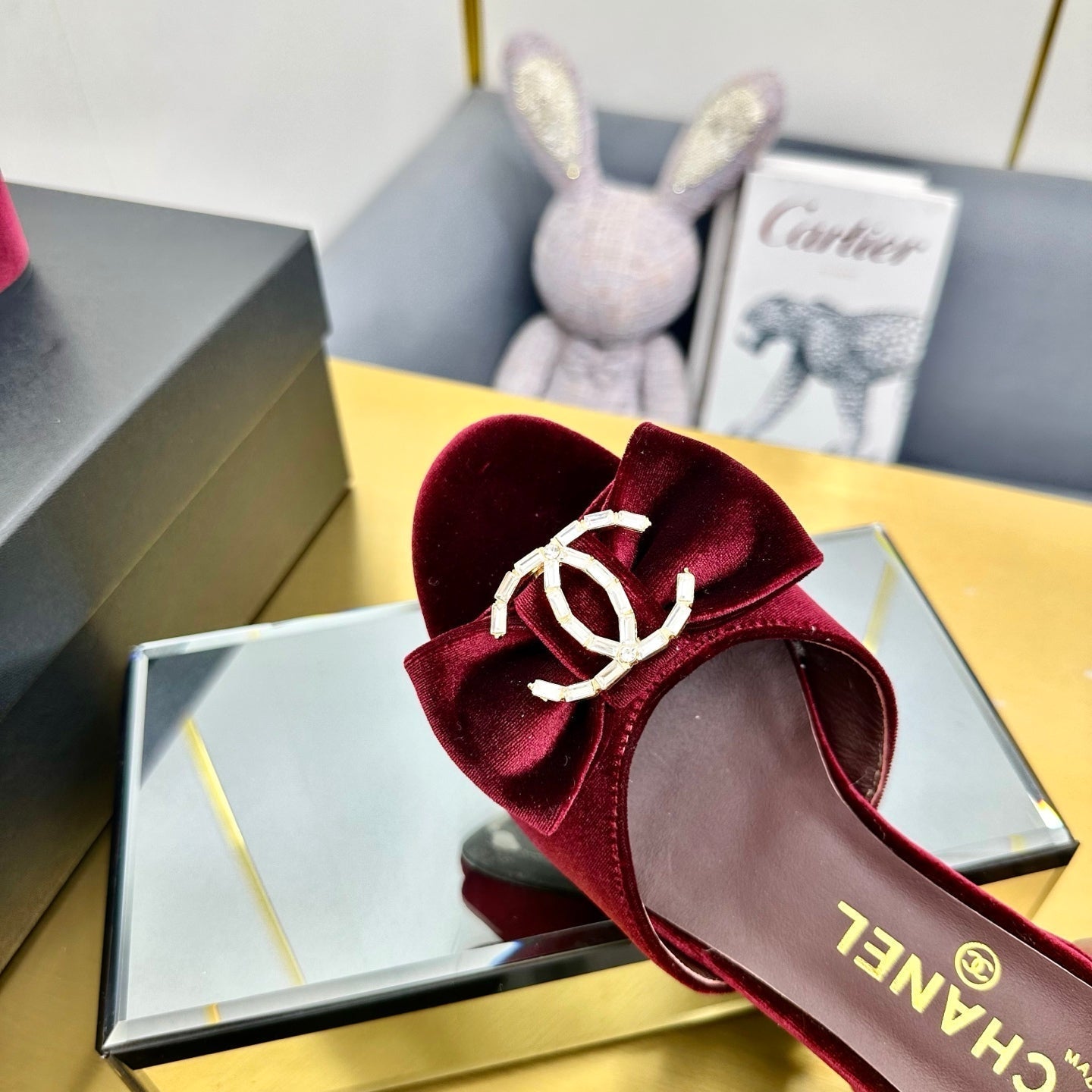 CHANEL BOWKNOT RHINESTONES MID HEEL MULE IN GARNET RED VELVET